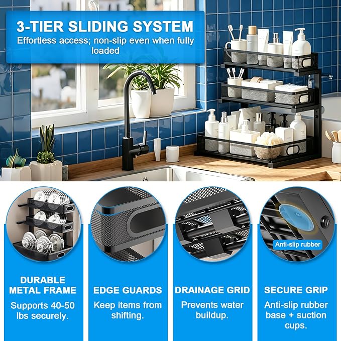 Thickened Meta 3-Tier Pull Out Under Sink Organizer 2 Pack | Height Adjustable Slide out Storage Drawer Rack for Kitchen Bathroom Home Organization| 35% More Storage Capacity