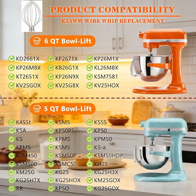 K5AWW Wire Whip for KitchenAid 5 Qt Bowl-Lift Mixer - Heavy Duty 6-Wire Stainless Steel Whisk Attachment - Dishwasher Safe for Whipping Cream, Eggs, Frosting & Cake Batter