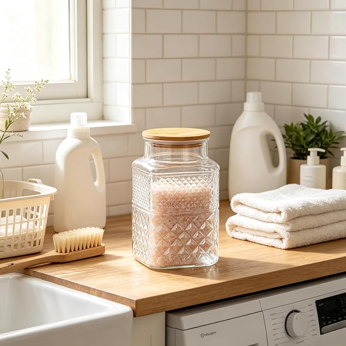 Large Glass Storage Jar, 60 FL OZ Glass Food Storage Containers with Bamboo Lid, Kitchen Laundry Room Organization Jar for Cookies Coffee Flour Sugar Laundry Pods Detergent Airtight Glass Jars | Kitchen Pantry Thick Glass Container for Flour Sugar Cook...
