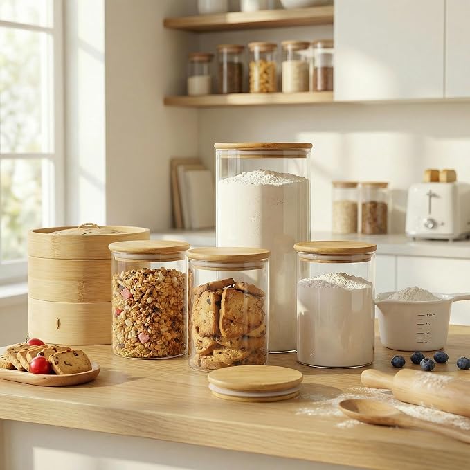 HomArtist Large Glass Flour and Sugar Containers 180oz x2 [Set of 2], Glass Food Storage Containers with Bamboo Lids, Glass Jar with Airtight Lids for Spaghetti Pasta,Rice,Cereal,Candy,Coffee, Oat | 180 oz Airtight Jars for Pantry & Kitchen, Durable Bo...