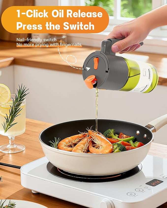 OURCABECUE Upgrade 2 in 1 Oil Sprayer for Cooking, 17oz Light-Blocking Glass Olive Oil Dispenser Bottle for Kitchen,Food-Grade Oil Mister with 8 Stickers for Salad, Frying (Green Bottle-Grey Gap)
