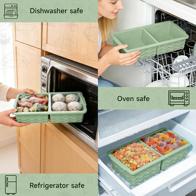 3-Pack Silicone Freezer Trays with Lid, Soup Freezer Container Molds, Silicone Freezer Molds, Ice Cube Tray for freezing Soup Sauce Broth Leftovers, Dishwasher & Oven Safe, BPA Free (2-cup,green)