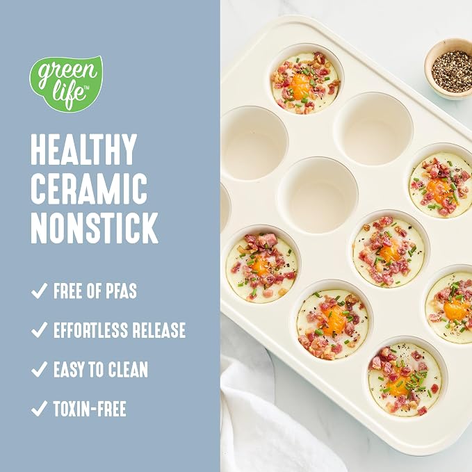 GreenLife 12 Cup Ceramic Nonstick Muffin Pan, Blue Haze | 11.4" x 1.9" x 15.9", PFAS-Free Nonstick, Cupcake Tin, Easy Release, Even Heating, Wipe Clean, Heavy Duty, Warp Resistant