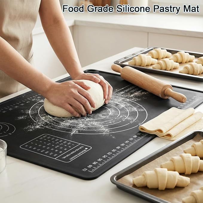 Silicone Pastry Mat 28" x 20" Extra Thick Silicone Baking Mat with Measurements and Edge Heightening Non-stick Food Grade Dough Rolling Mat Kneading Sheet for Pastry, Bread, Cookies (Black)