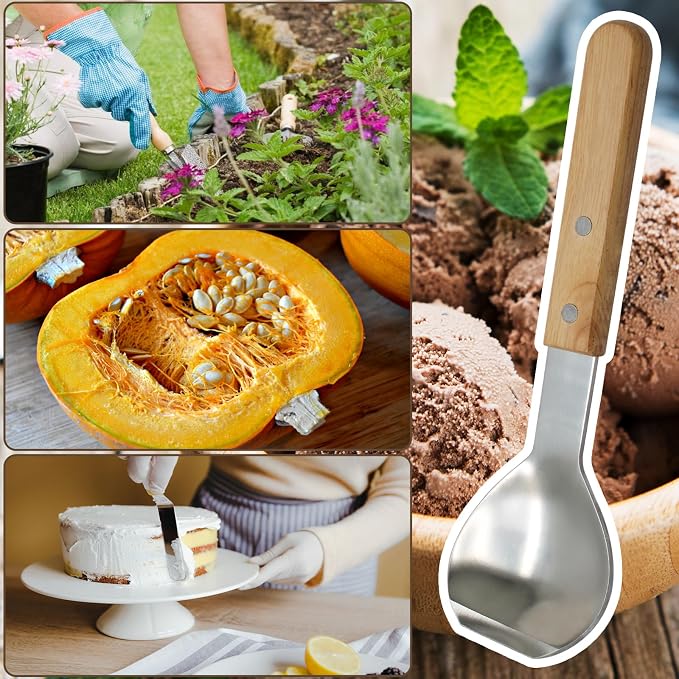 Ice Cream Metal Spade Heavy Duty Stainless Steel Dessert Shovel Wooden Handle Butter Cutter Kitchen Utensil (Round Shovel)