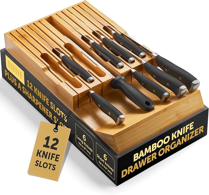 High-Grade 100% Bamboo Knife Drawer Organizer - 12 Slots Plus Sharpener, Secure, Practical, Eco-Friendly Knife Block