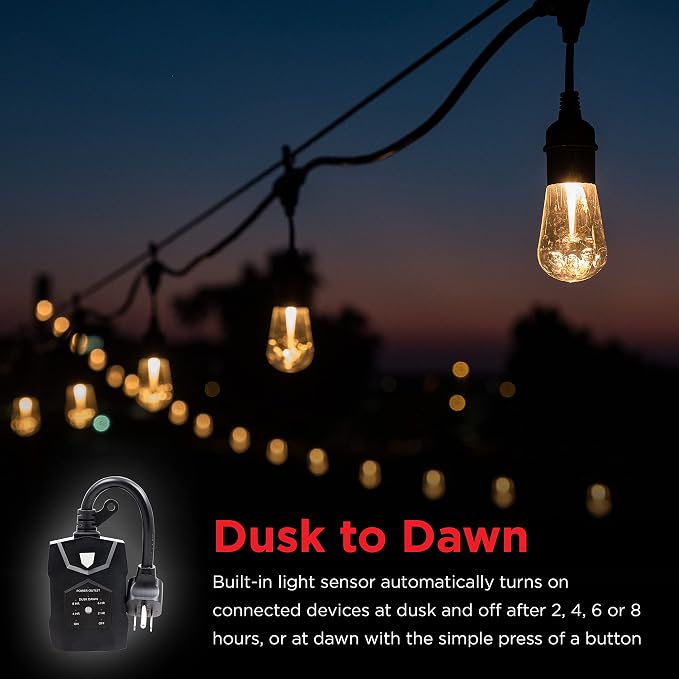 UltraPro Outdoor Dusk to Dawn Outlet Timer with Countdown, Dual Outlet Light Sensor Plug, 8/6/4/2 Hour Settings, Weather‑Resistant Seasonal & Landscape Lighting Control, 1 Pack, Black, 70386