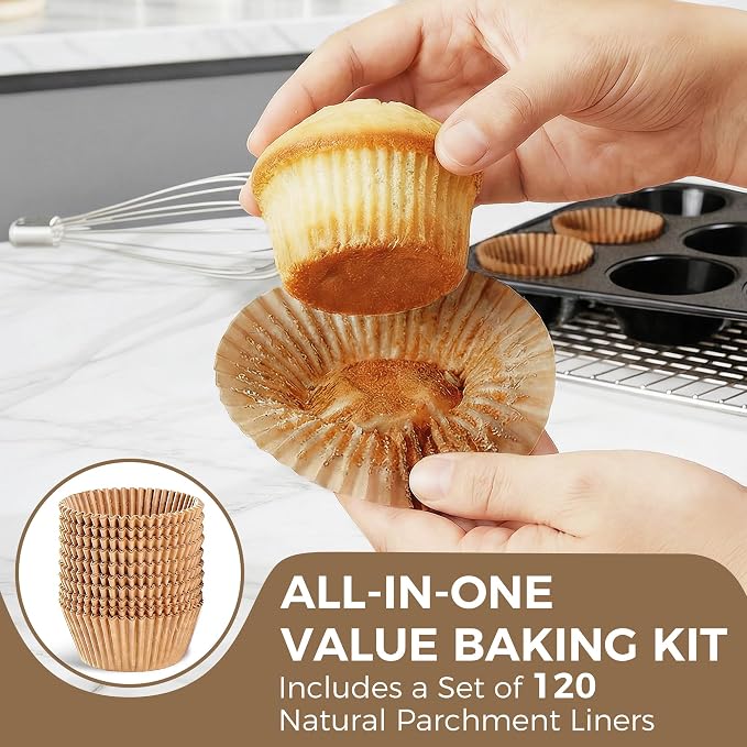 Muffin Pans with 120 Natural Parchment Liners, Nonstick Cupcake Baking Tray for Oven, Premium Standard Size, 12 Cup, 2 Pack, Dark Grey