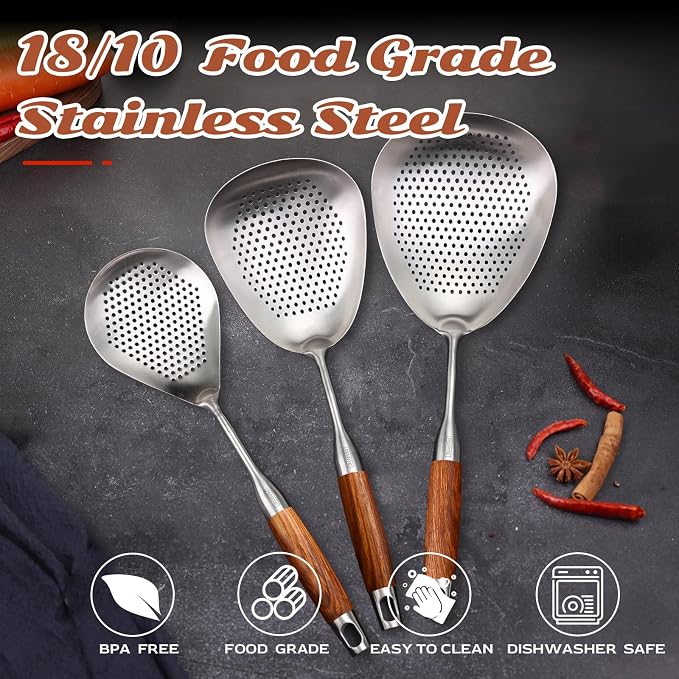 MARTE Skimmer Slotted Spoon，304 Stainless Steel Large Skimmer Ladle Spoon Spider Strainer for Cooking and Deep Frying，16 Inch Pasta Strainer Spoon for Kitchen with Ergonomic Comfortable Grip Handle