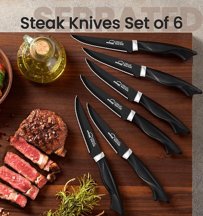 Knife Set, 15 Pieces Kitchen Knife Set with Built in Sharpener, German High Carbon Stainless Steel Knife Block Set, Dishwasher Safe, Black, Fathers Day Gift for Men