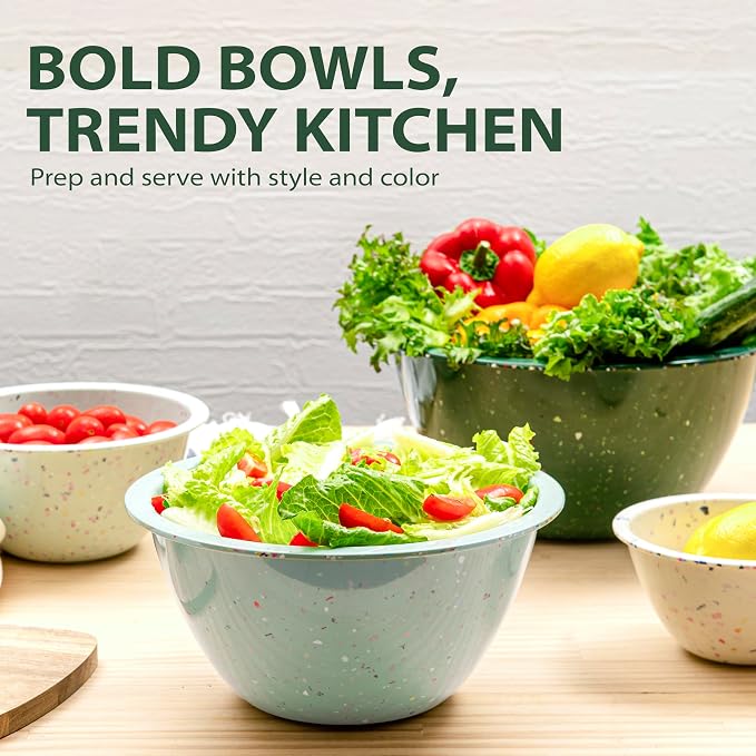 Confetti Melamine Mixing Bowls Set, 4 Piece Nesting BPA free Green | 4-Piece Kitchen Serving Bowls (18oz, 1.25QT, 2.5QT, 4QT) dishwasher safe, stackable and space-saving.
