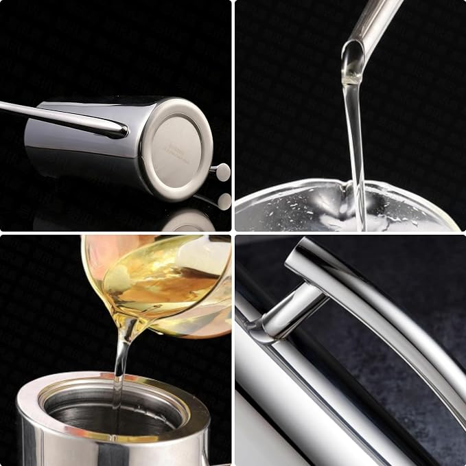KSENDALO SUS304 24oz/700mL Stainless Steel Olive Oil Dispenser, Silver | Leakproof Oil Bottle, One-Piece Body, w/Long Spout Vertical Handle Kitchen Cruet for Precision Pouring