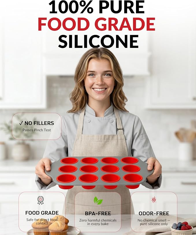 Non-Stick 12 Cup Silicone Muffin Pan with Steel Frame - BPA Free, Non-Toxic, Anti-Warp, Durable & Easy to Pop Silicone Muffin Tin - Perfect Cupcake Pan