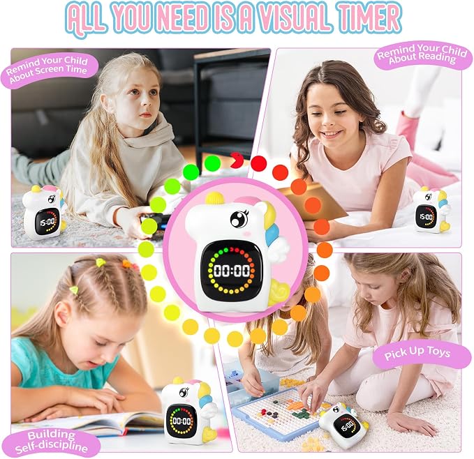 Unicorn Visual Timer for Kids, Rechargeable 99:59 Digital Countdown Potty Timer, Visual Time Progress Display, Adjustable Volume, Classroom Homeschool Study Timer