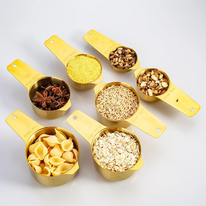 7-Piece 18/8 Stainless Steel Measuring Cups Set, Gold | Includes 1/16, 1/4, 1/3, 1/2, 2/3, 3/4 and 1 Cup, Engraved US and Metric Markings, Pour Spouts and Ring Connector