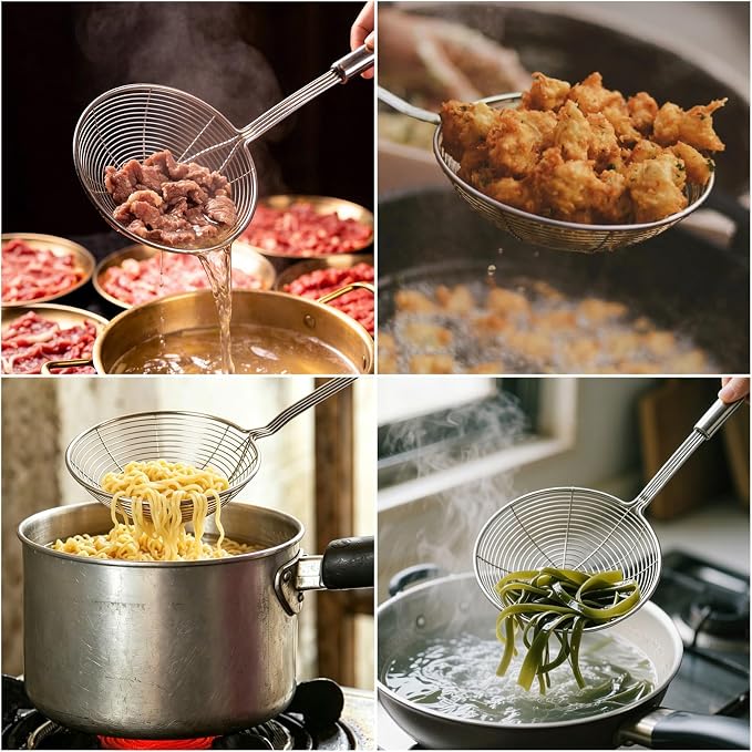 3Pcs Spider Strainer Skimmer, Stainless Steel Wire Strainer Ladle for Cooking and Frying, Kitchen Utensils Pasta Strainer Spoon, 5.4 Inch + 6.1 Inch + 7 Inch
