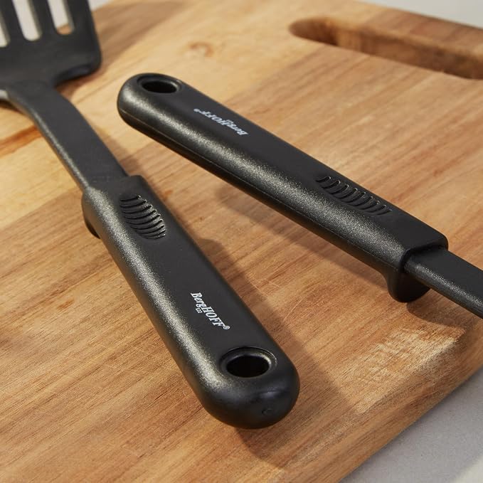 BergHOFF Studio 5Pc Nylon Cooking Utensil Set Skimmer Slotted Turner Slotted Spoon Soup Spoon Ladle Black Wide Handle with Hanging Ring Everyday Use