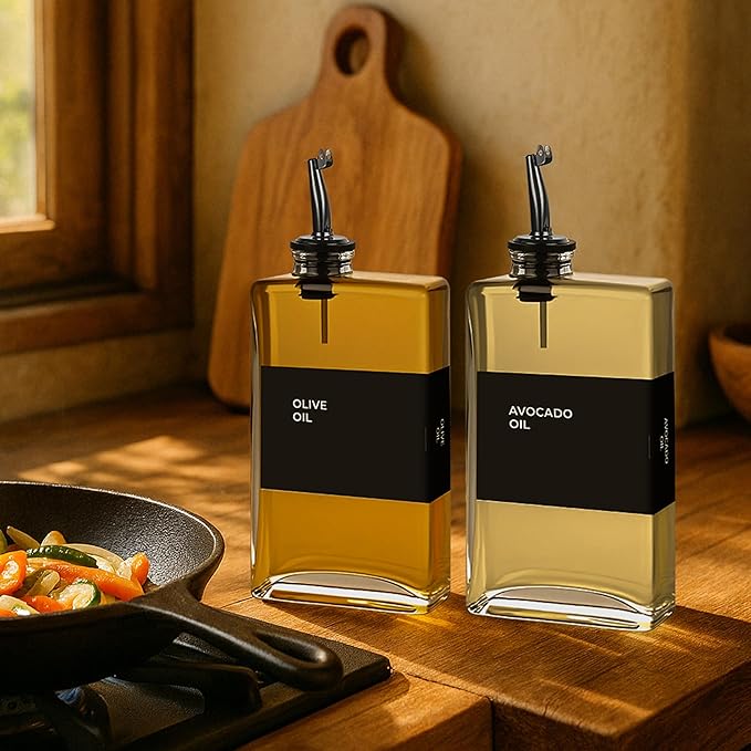 Glass Oil Dispenser for Kitchen, Olive Oil Dispenser Bottle, 2 Pack, Black