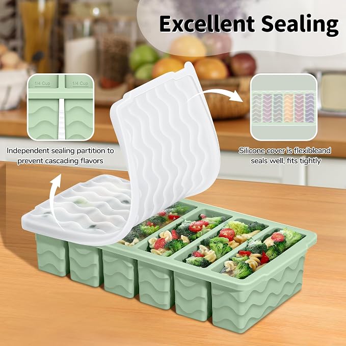 Doasuwish 3-Pack Silicone Freezer Trays with Lid,2 Large 2-Cup(500ml)&4 Medium 1-Cup(250ml)&6 Small 1/2-Cup(125ml) Soup Freezer Container Molds,Ice Cube Tray For Meal Prep&Freezing Soup,Stews,Sauces