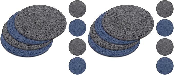 SHACOS 8 Inch Trivets for Hot Dishes, 4 Pcs Cotton Trivets Mats for Kitchen, Hot Pads for Countertops and Table, Heat-Resistant Pot Holders for Hot Pots and Pans(Blue+Dark Grey) (Pack of 2)