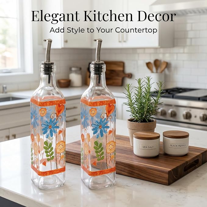 Topadorn Set of 2 Floral Olive Oil Dispenser Bottles, 17oz Decorative Glass Oil & Vinegar Cruet Set with Pour Spouts, Refillable Kitchen Countertop Dispensers