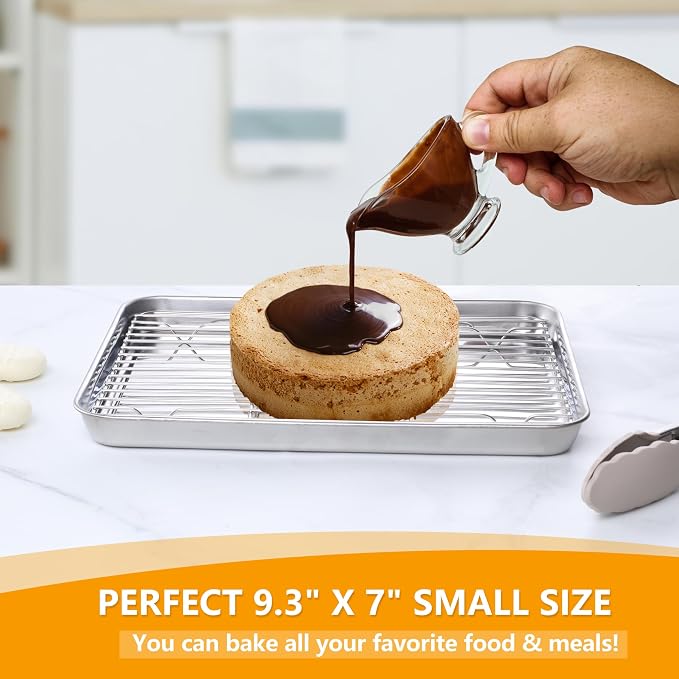 Homikit Mini Baking Sheet with Wire Rack for Toaster Oven (1 Pan+1 Rack) | 9x7 Inch Stainless Steel Baking Pan with Cooling Rack Set, Metal Cookie Sheets, Small Bacon Tray, Nonstick, Dishwasher Safe