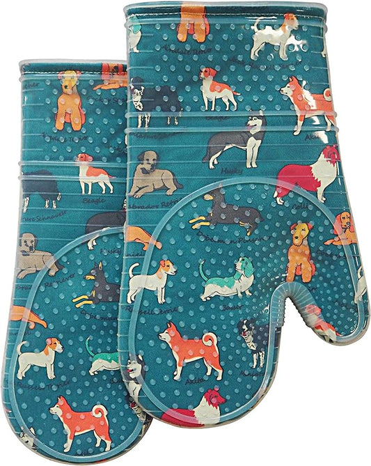Oven Mitts Set of 2 with Transparent Clear Silicone Shell and Nice Dog Printing Cotton Lining, Heat Resistant to 500 F Kitchen Oven Gloves Pot Holder for Cooking (Blue)
