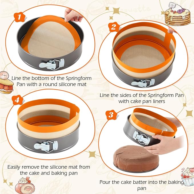 Honeydak 3 Set Silicone Baking Mat for 4, 7, 9 Inch Springform Pan Protector Nonstick Reusable Cake Pan Liners for Cheesecake Baking Prevent Sticking to Bottom & Side, Easy Release & Clean(Orange)