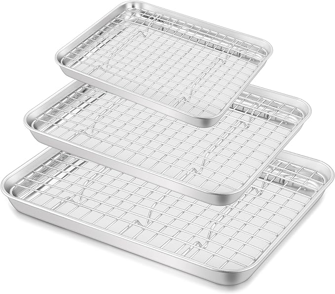 TeamFar Baking Sheet with Rack, Stainless Steel Sheet Pan-16/12.5/9 Inch | Cookie Sheets Baking Trays and Cooling Racks for Cooking, Non-Toxic & Heavy Duty, Dishwasher Safe, 6 PCS (3 Pans + 3 Racks)