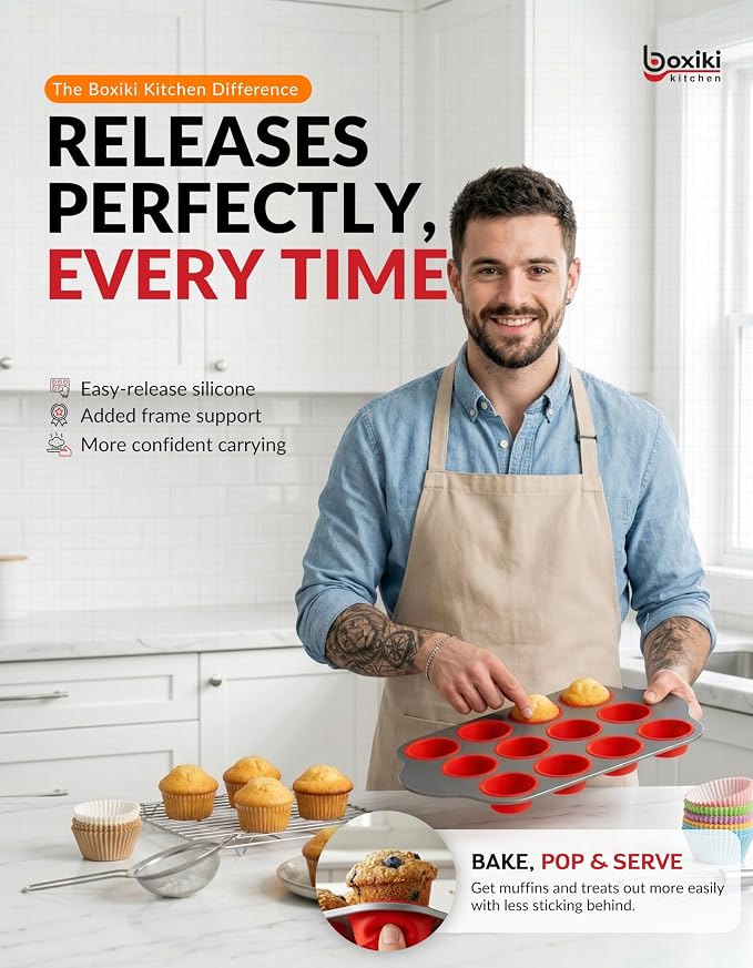 Non-Stick 12 Cup Silicone Muffin Pan with Steel Frame - BPA Free, Non-Toxic, Anti-Warp, Durable & Easy to Pop Silicone Muffin Tin - Perfect Cupcake Pan