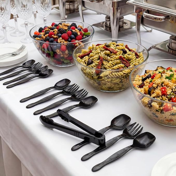 36 Pcs Disposable Serving Utensils Set - 9 Inch Black Tongs, Forks, Spoons for Restaurants, Catering, Party Supplies, Buffet, Wedding, Picnic