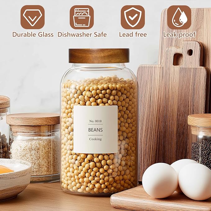 KEYWING 88oz Glass Jars w/Acacia Lids for Flour & Sugar Storage Containers | 3Pcs Large Airtight Food Storage Containers , Pantry Organizers for Rice, Pasta, Cereal, Cookies –88 fl.oz with 126 Labels