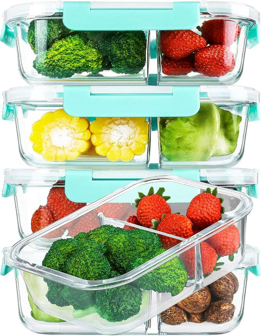 M MCIRCO 5 Pack,36 oz, 2 Compartments Glass Meal Prep Containers with Lids | Divided Glass Food Storage Containers, Portion Control Lunch Containers, Microwave, Oven, Freezer, Dishwasher, Green