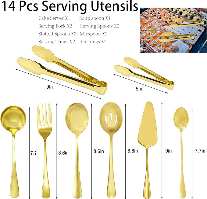 14 Pcs Gold Serving Utensils Include Stainless Steel Serving Spoons Slotted Spoons Forks Soup Serving Tongs Mix Spoon Server for Parties Buffet Catering (gold)