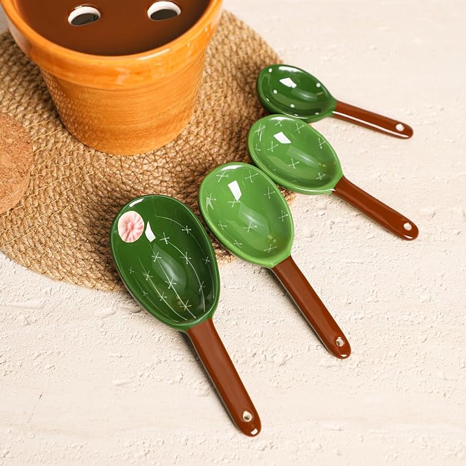 Sizikato 4pcs Porcelain Measuring Spoons with Base, Cute Cactus Shape