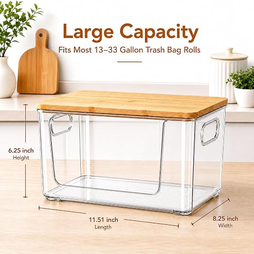 Trash Bag Holder 2 Pack, Stackable Garbage Bag Dispenser with Bamboo Lid, Extra Large Trashbag Dispenser for 13/30/33 Gallon Bags, Clear Organizer for Under Sink Kitchen Laundry Room