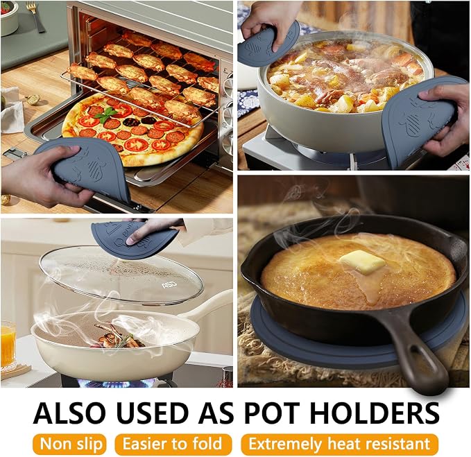 Silicone Trivet Mats - 3 Heat Resistant Pot Holders, Non-Slip Hot Pads for Kitchen, Food Grade Silicone, BPA Free, Easy to Wash (Dark Gray 4 piece)