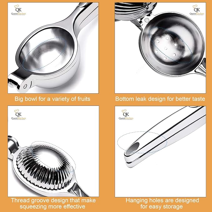 Lemon Squeezer Stainless Steel Quest Kitchen - Manual Juicer Press - for Limes - Lemons - and Small Oranges - Pure and Organic Juicer Extractor - Easy to Clean and Use - Commercial grade quality