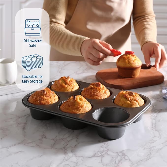 6 Cup Jumbo Muffin Pan, Non-Stick Carbon Steel Bakeware, Gray, 12.6x8.58x1.81 Inch, Even Heating, Dishwasher Safe