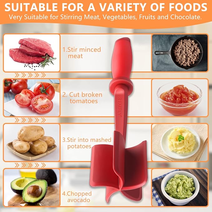 Meat Chopper, Multifunctional Hamburger Meat Chopper, Professional Heat Resistant Nylon Meat/Potato Masher - Safe for Non-Stick Cookware, Chop, and Stir Meat Masher Tool, Red.
