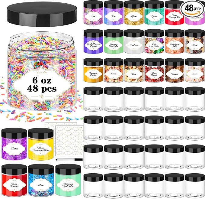 PeacePeo 6 OZ Plastic Jars with Lids,48 Pcs Round Containers for Slime | Wide-Mouth Storage Jars with Black Screw on Airtight Lids, Empty Refillable, Save-Sapce, for Travel Kitchen Food Storage
