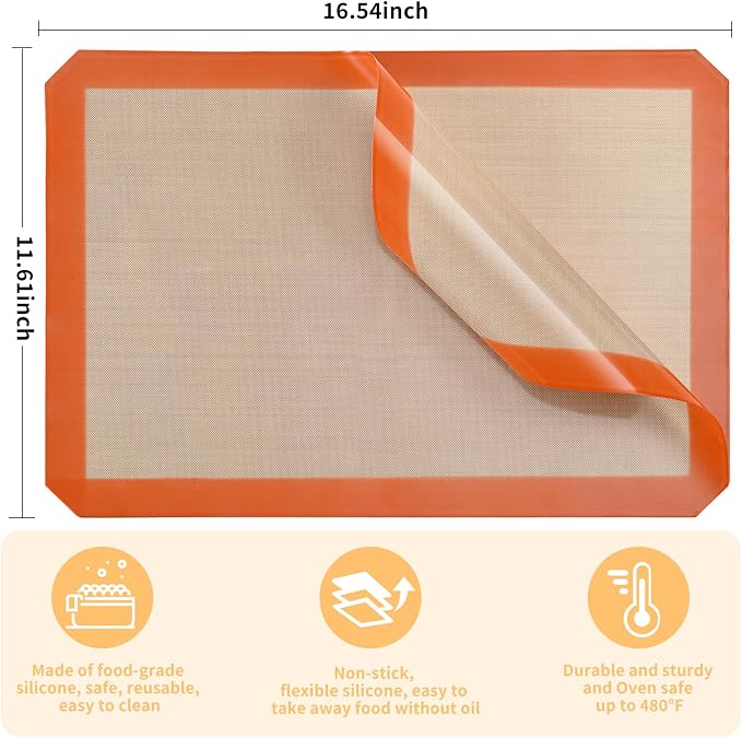 Luckyiren 2 Pack Silicone Baking Mat Set, Nonstick Half Sheet, Orange/Beige | Two 16.54 x 11.62 in reusable nonstick silicone baking mats fit half sheet pans; cookie sheet liners for cookies and pastry.