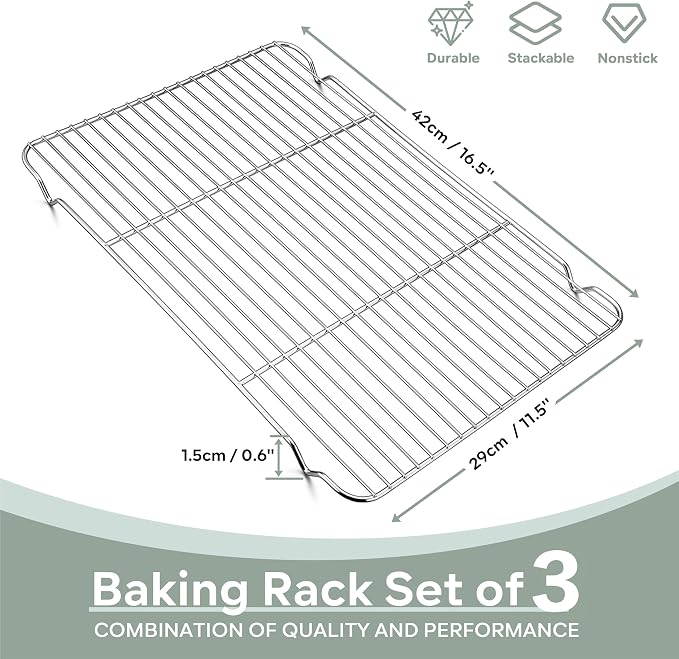 Herogo 16.5” x 11.5” Cooling Racks for Kitchen Baking, 3 Pack | Stainless Steel & Heavy-duty, Oven & Dishwasher Safe, Baking Cooking Wire Rack, for Cookie Bread Bacon