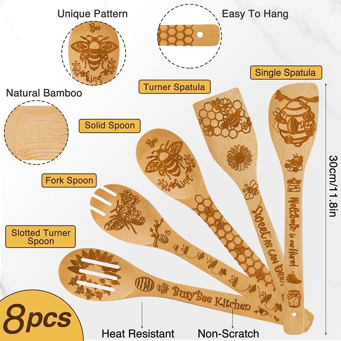 Bee Gifts for Women,8pcs Kitchen Utensils Set with Apron Oven Mitt Pot Holder - Unique Bee Bamboo Wooden Cooking Spoons Set,House Warming,Easter,Birthday,Mother's Day Gift