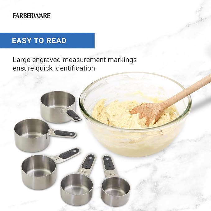 Farberware Professional Set of 5 Stainless Steel Measuring Cups, Precision and Ease in Every Scoop, Features Magnetic Handles for Easy Storage, Dishwasher Safe