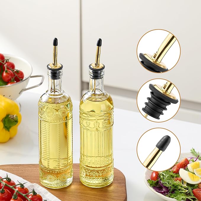 4 Pcs Olive Oil Dispenser Bottle for Kitchen,17oz Clear Glass Oil and Vinegar Dispenser Bottle Set, Classic Coffee Syrup Dispenser with 4 Stainless Steel Spouts and 1 Funnel (Round)