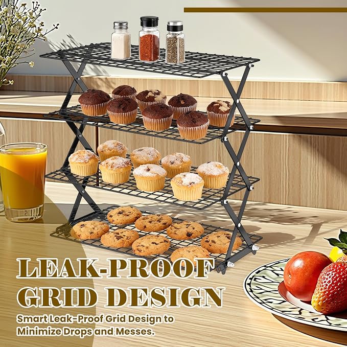 BEWOS 4 Tier Collapsible Cooling Rack - Adjustable Black Stainless Steel Baking Rack with Mesh Leak Proof, Foldable X-Shaped Structure Cooling Racks for Cooking and Baking, Dishwasher Safe