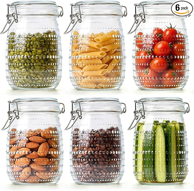 ComSaf Glass Pantry Jars with Airtight Lids 34 oz 6 Pack Wide Mouth Hobnail | Coffee beans sugar, Snacks pasta, Pickling fermenting, Pantry organization, Clear body, Countertop storage, Dry goods