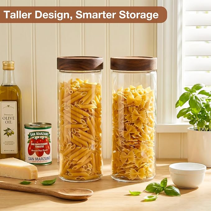 CONNOO 2-Pack 50oz Glass Storage Containers with Wood Lids | Pantry Organizers with Wooden Lids, Store Short Pasta, Flour & Dry Foods, Includes 120 Waterproof Labels for a Neat Kitchen
