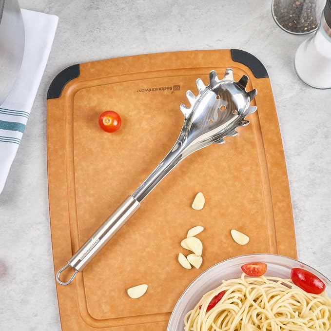 Restaurantware 12.5" Stainless Steel Pasta Fork - German Standard Pasta Server with Large Slotted Bowl, Dishwasher Safe - Slotted Pasta Spoon for Spaghetti, Linguine, Fettuccine